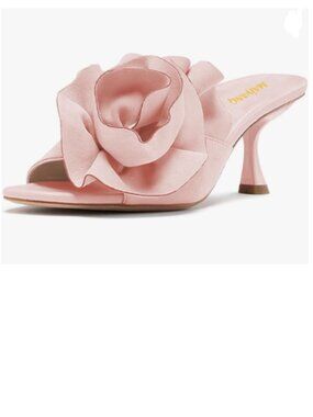 Maiyang Pink Flower Decor Open Round Toe Mules Slip on Mid Heel Slides Sandals